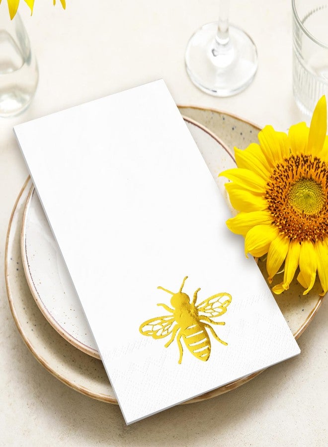 JarThenaAMCS مناديل ضيوف JarThenaAMCS، 50 قطعة، مزينة بنقوش النحل، مطلية برقائق ذهبية، للاستخدام مرة واحدة، ورقية، مثالية لحفلات الربيع والصيف. - Image 5